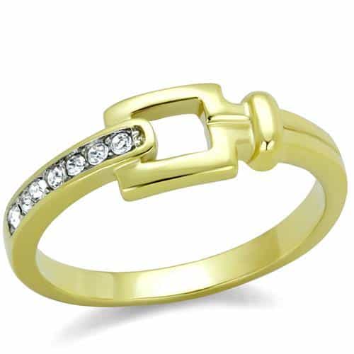 Stainless Steel Gold IP CZ Buckle Belt Channel Band Ring view 1