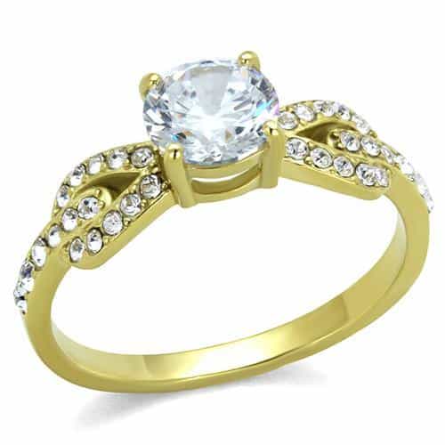 Stainless Steel Gold IP CZ Round Cathedral Pave Wide Ring view 1