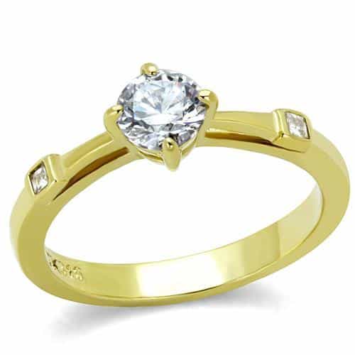 Stainless Steel Gold IP CZ Round Solitaire Princess Side Ring view 1