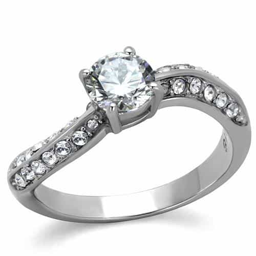 Stainless Steel CZ Round Solitaire Pave Wing Shoulders Ring view 5