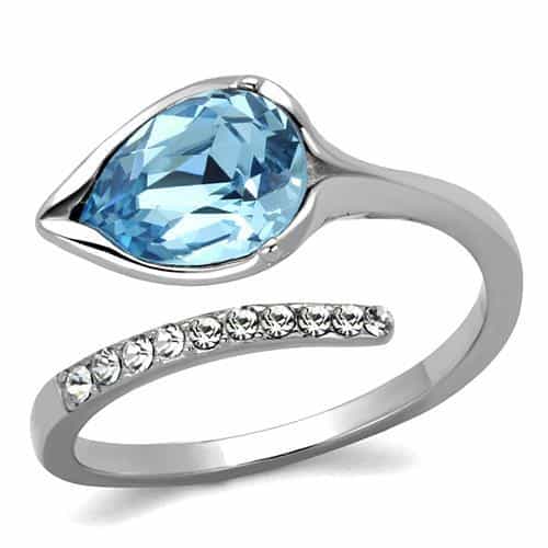 Stainless Steel Light Blue Aqua Oval Sideways CZ Pave Bypass Ring view 5