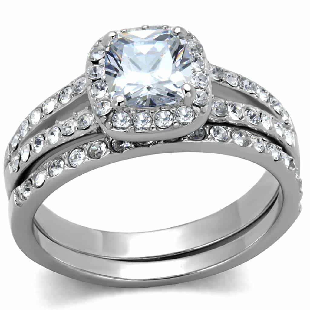 Stainless Steel CZ Princess Halo Pave Bridal Set Ring view 1