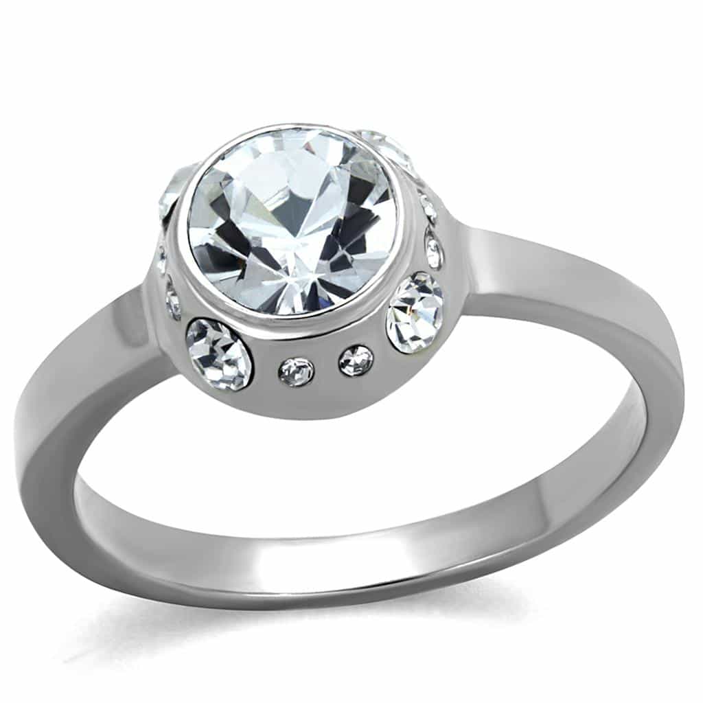 Stainless Steel CZ Round Bezel Halo Band Ring view 1