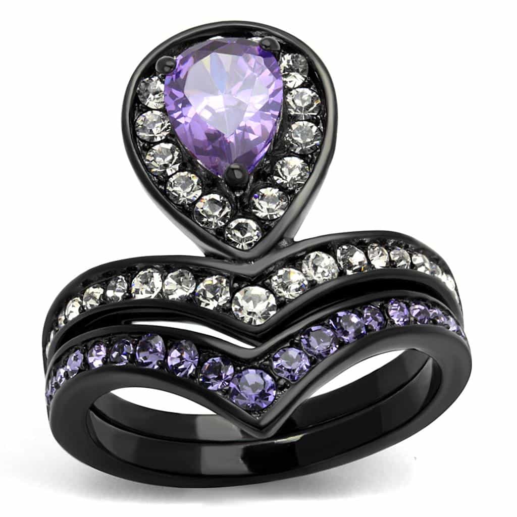 Stainless Steel Amethyst Pear Halo Chevron Black Ring view 1