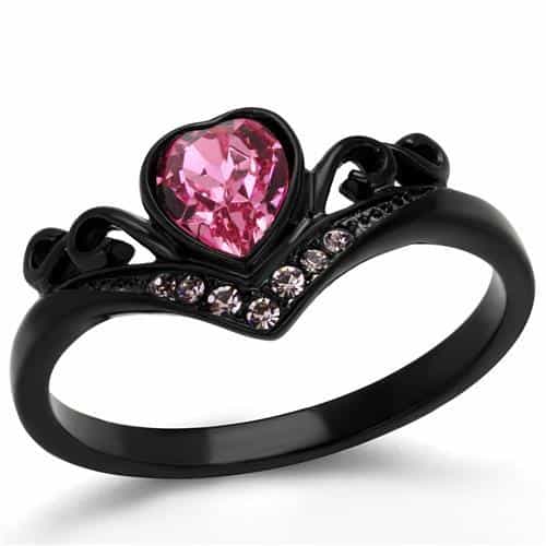 Stainless Steel Black IP Pink Heart Scroll Filigree CZ Pave Ring view 5
