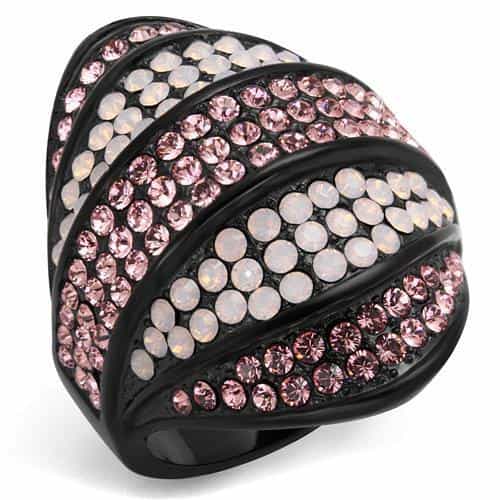 Stainless Steel Black IP Pink Opal Crystal Wave Dome Ring view 5