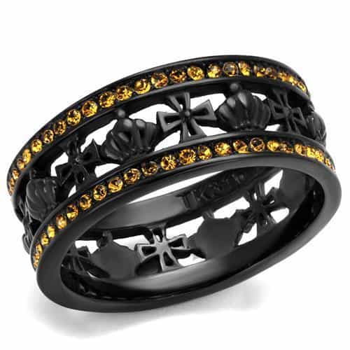 Stainless Steel Black IP Cross Cutout Yellow CZ Eternity Two Ring view 1