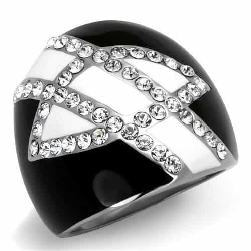 Stainless Steel Black IP White CZ V Chevron Pave Dome Ring view 1