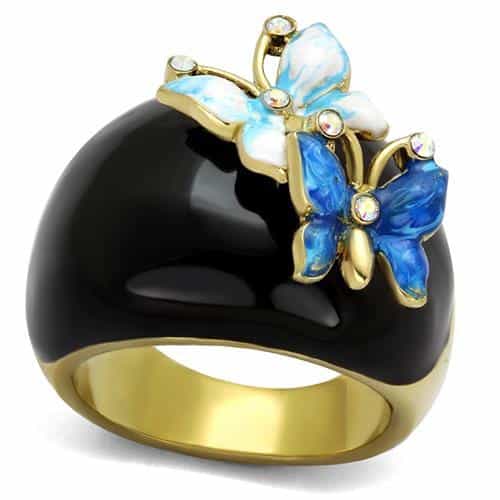 Stainless Steel Black IP Gold Butterfly Enamel CZ Dome Ring view 1