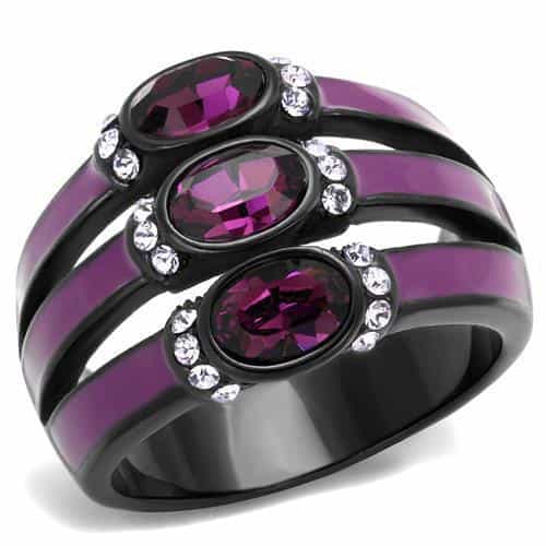 Stainless Steel Purple Amethyst Oval CZ Stripe Dome Black IP Ring view 1