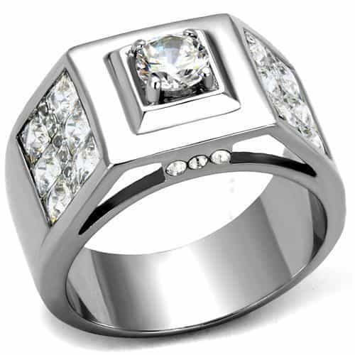 Stainless Steel CZ Round Square Bezel Pave Wide Mens Signet Ring view 5