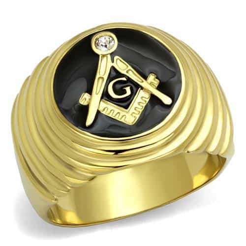 Stainless Steel Gold IP Masonic Compass Ribbed Dome Signet Ring view 1
