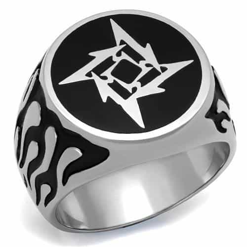 Stainless Steel Black Enamel Tribal Star Geometric Signet Ring view 1