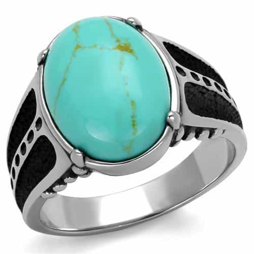 Stainless Steel Turquoise Oval Cabochon Textured Mens Signet Ring view 5
