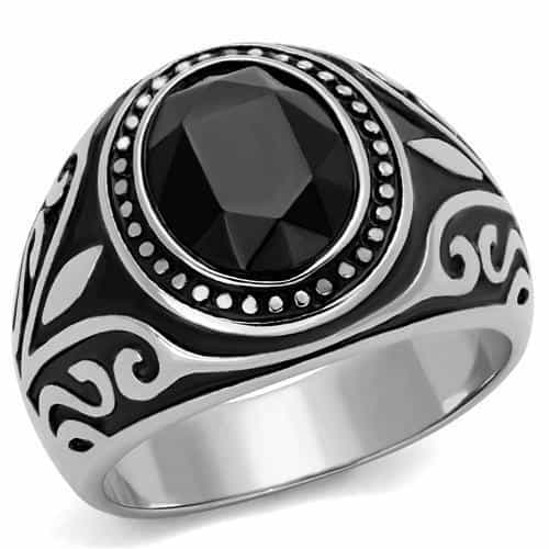 Stainless Steel Black Onyx Oval Tribal Scroll Mens Signet Ring view 5