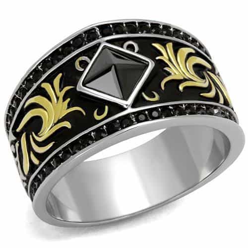 Stainless Steel Gold Black Enamel Fleur De Lis Onyx Diamond Ring view 1