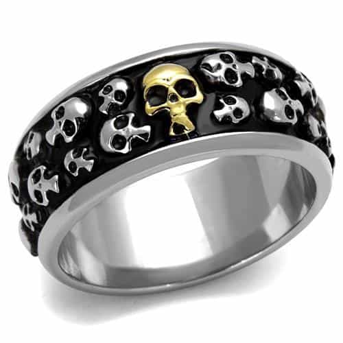 Stainless Steel Gold Skull Crossbone Multi Scatter Wide Band Ring view 1