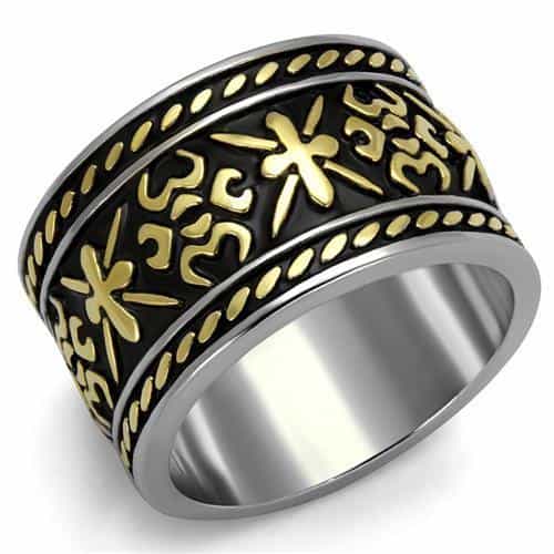 Stainless Steel Two Tone Gold Cross Star Symbol Wide Band Ring view 1