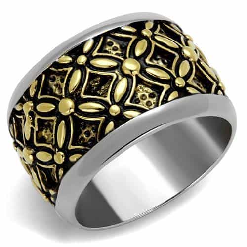 Stainless Steel Two Tone Gold Ornate Floral Cross Wide Band Ring view 1