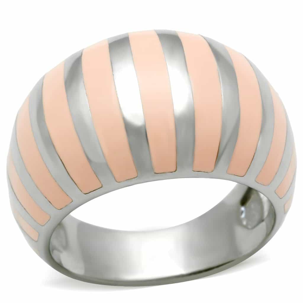 Stainless Steel Rose Gold Stripe Ribbed Wide Dome Ring view 1