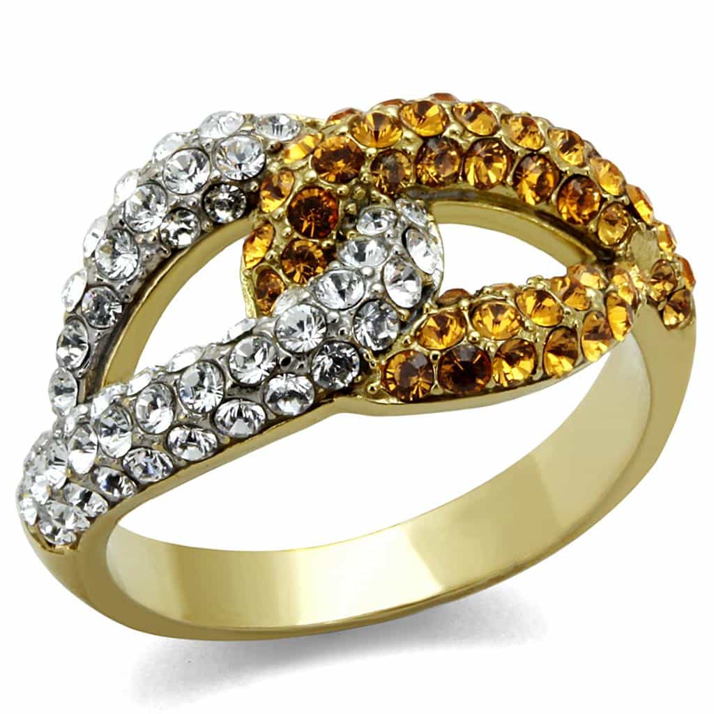 Stainless Steel Gold IP Champagne Topaz CZ Wave Swirl Ring view 1