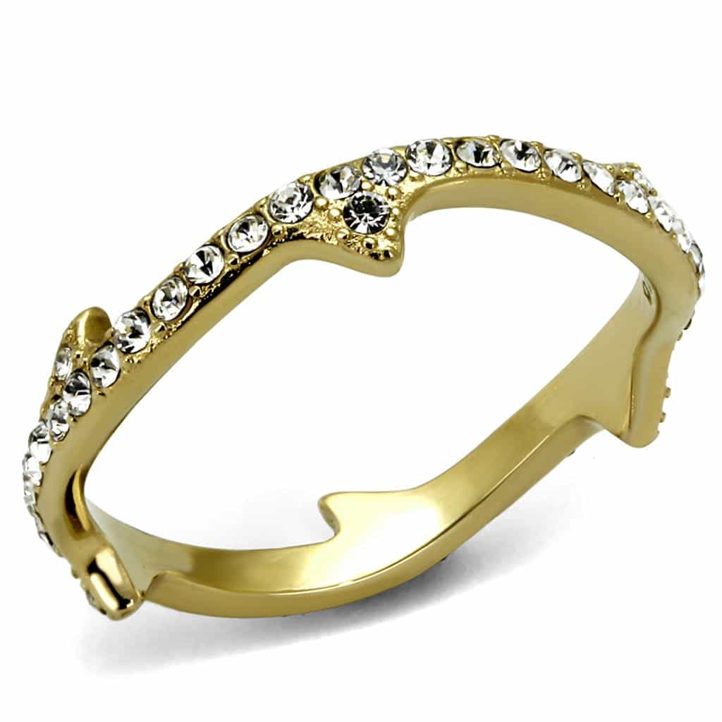 Stainless Steel Gold IP CZ Branch Thorn Band Ring view 1