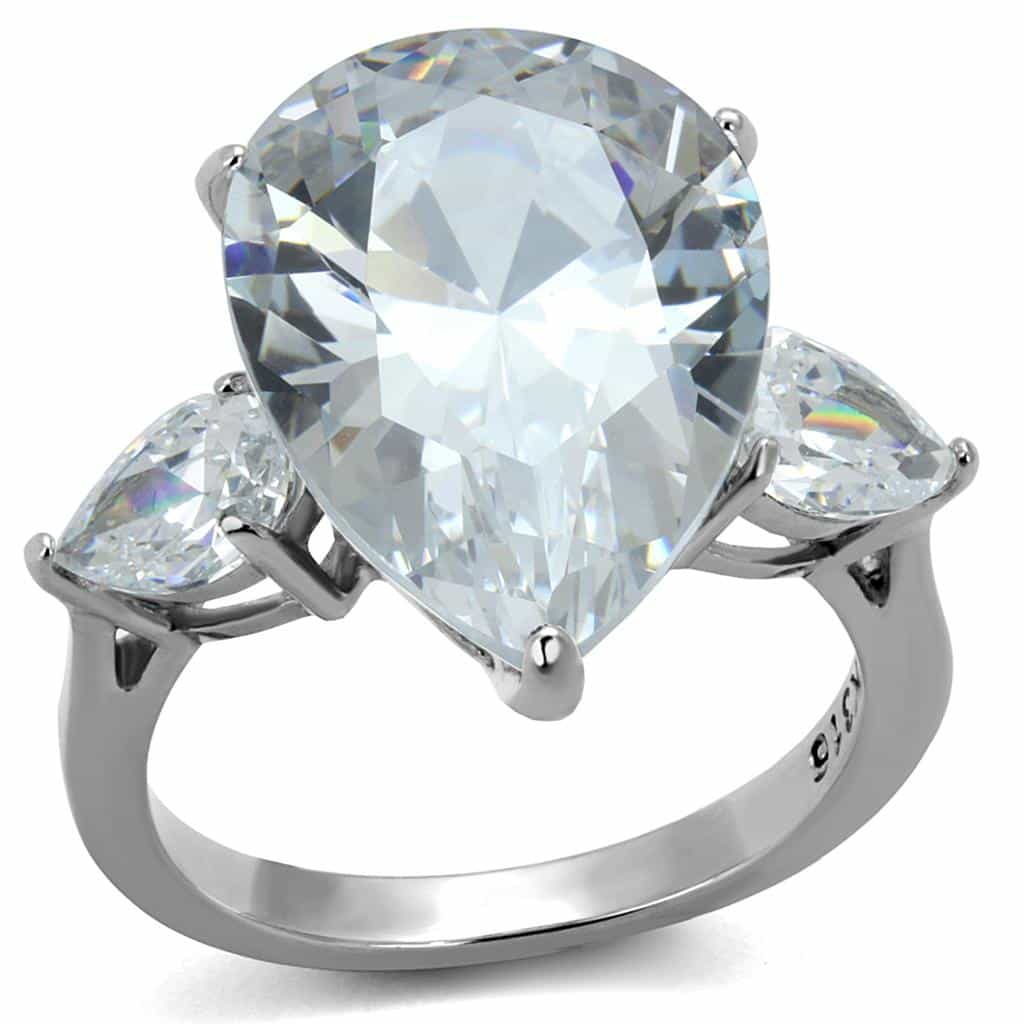 Stainless Steel CZ Oversized Pear Marquise Three Stone Ring view 1