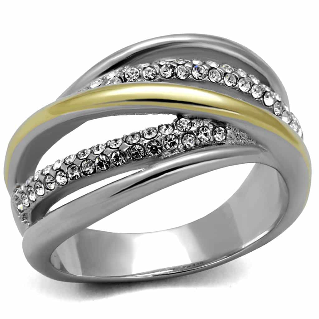 Stainless Steel Two Tone Gold CZ Pave Crossover Ring view 1