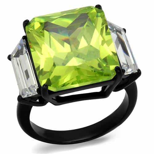 Stainless Steel Black IP Peridot Green Princess Cut Baguette Ring view 5