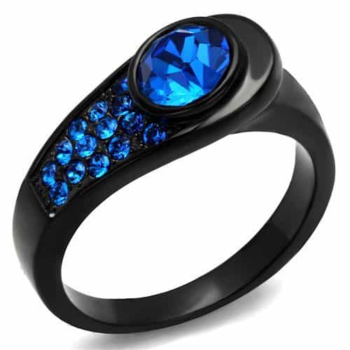 Stainless Steel Black IP Blue Sapphire CZ Oval Channel Ring view 1