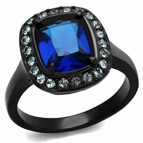 Stainless Steel Black IP Blue Sapphire Cushion CZ Halo Ring view 1