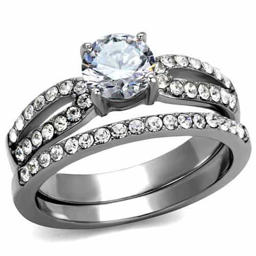 Stainless Steel CZ Round Solitaire Pave Triple Band Bridal Ring view 1