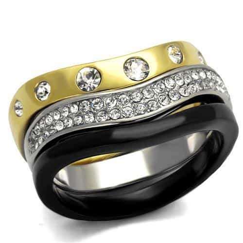 Stainless Steel Three Tone Gold Black Silver CZ Square Pave Ring view 5