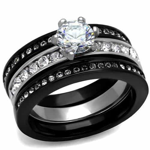 Stainless Steel Black IP CZ Round Solitaire Channel Eternity Ring view 1