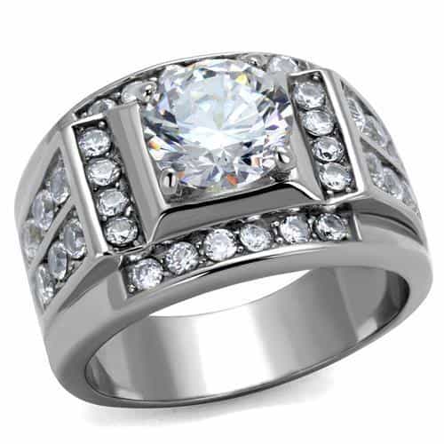 Stainless Steel CZ Princess Halo Wide Channel Mens Ring view 1