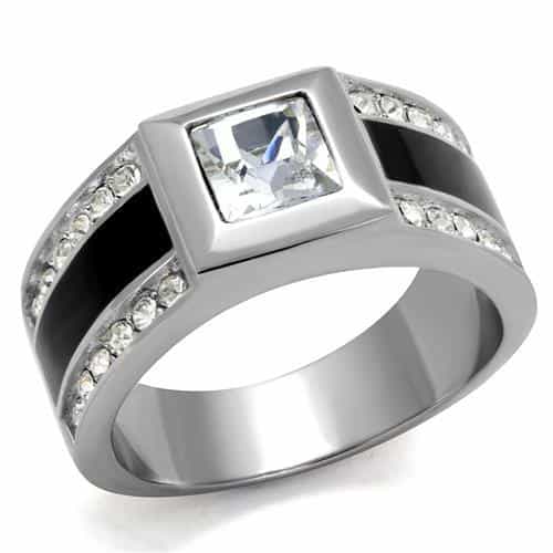 Stainless Steel CZ Princess Bezel Channel Black Enamel Mens Ring view 1