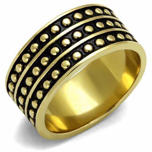 Stainless Steel Gold IP Antiqued Double Row Studded Wide Ring view 1