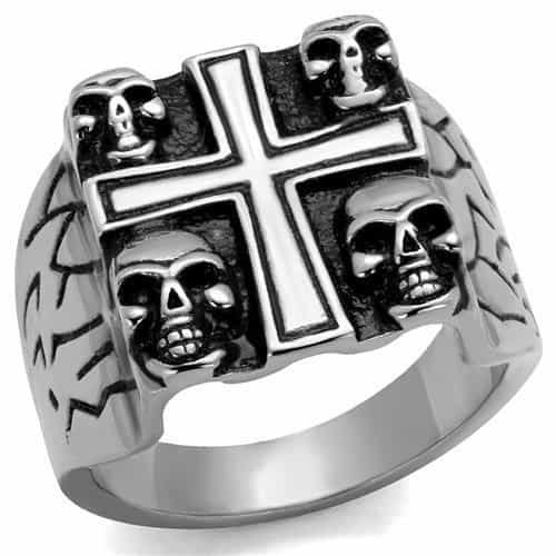 Stainless Steel Skull Cross Gothic Four Skull Signet Ring view 1