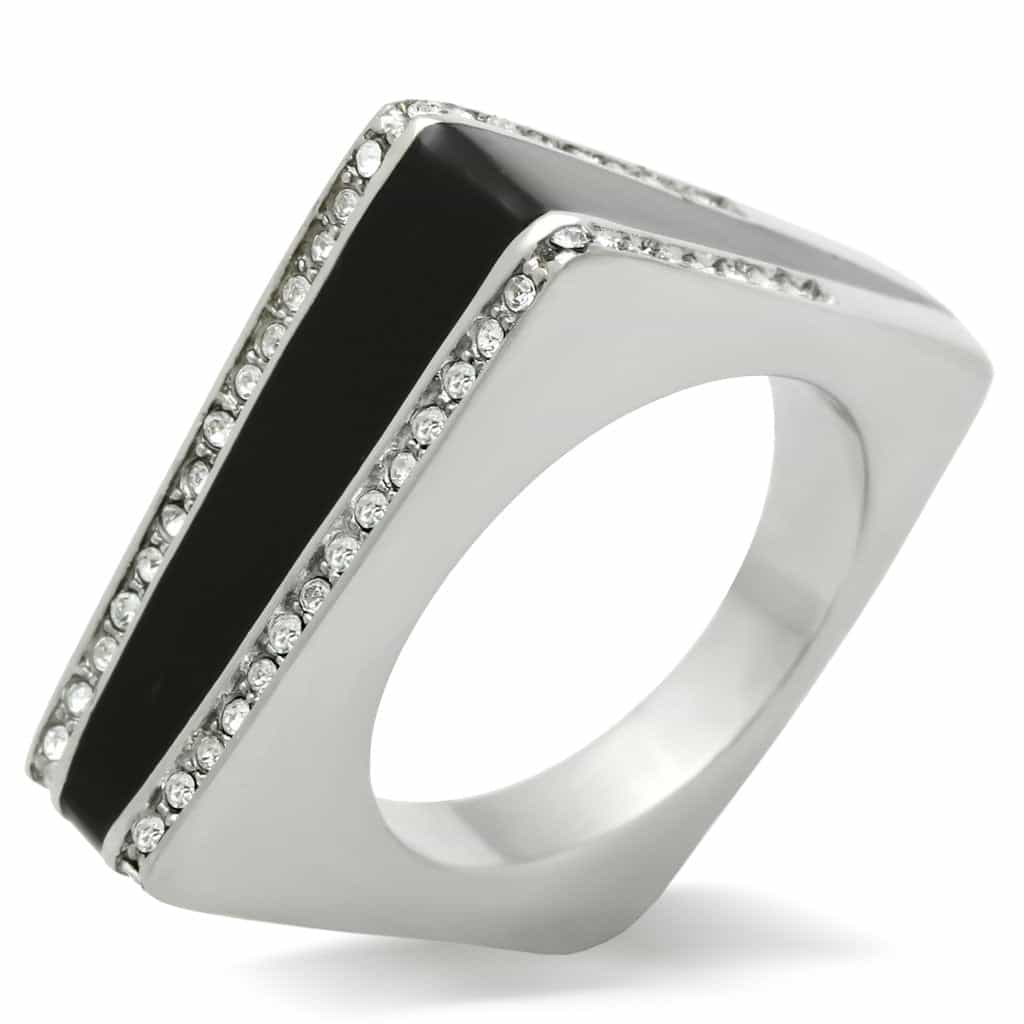 Stainless Steel Black Enamel CZ Edge Square Mens Signet Ring view 1