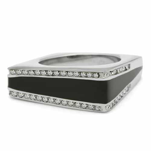Stainless Steel Black Enamel CZ Edge Square Mens Signet Ring view 8