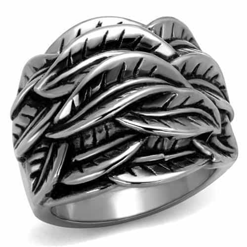 Stainless Steel Antiqued Leaf Feather Wrap Wide Ring view 1