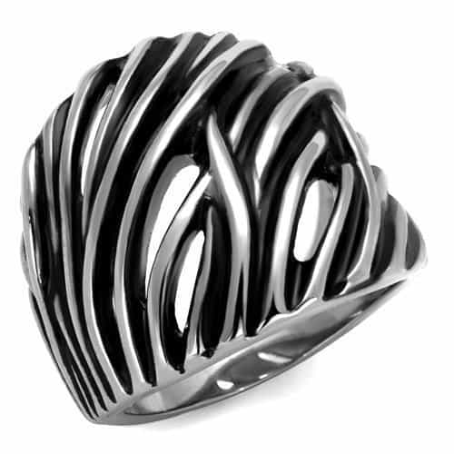 Stainless Steel Antiqued Zebra Stripe Cutout Wide Dome Ring view 1