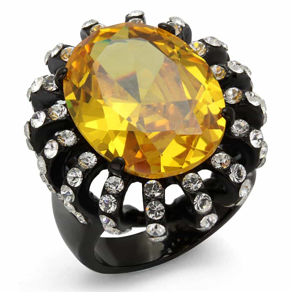 Stainless Steel Black IP Citrine Yellow Oval CZ Halo Ring view 1
