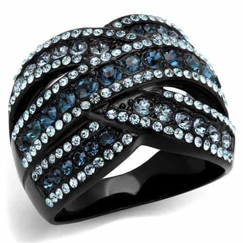Stainless Steel Black IP Blue Crystal Multi Row Wave Wide Ring view 1