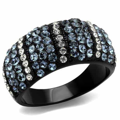 Stainless Steel Black IP Aqua Blue Crystal Stripe Wide Dome Ring view 5