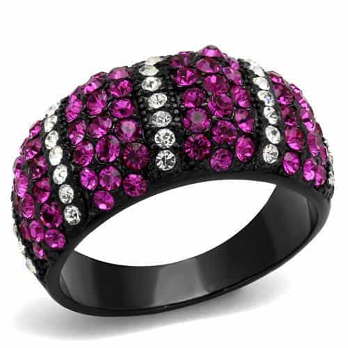 Stainless Steel Black IP Fuchsia Pink Crystal Stripe Wide Ring view 1