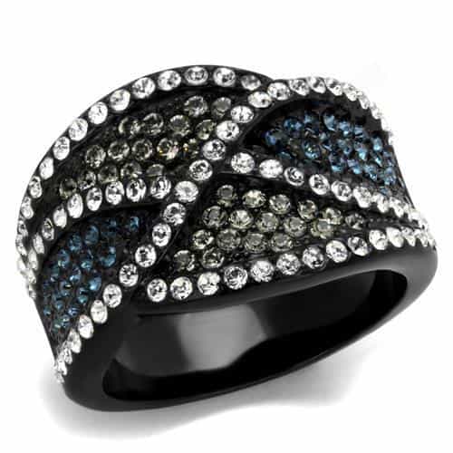 Stainless Steel Black IP Blue Gray Crystal Wave Crossover Ring view 1