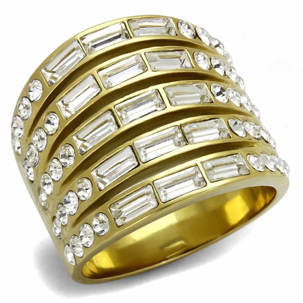 Stainless Steel Gold IP CZ Baguette Multi Row Wide Ring view 1