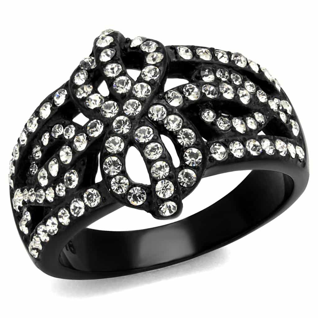 Stainless Steel Black IP CZ Leaf Vine Pave Dome Wide Ring view 1