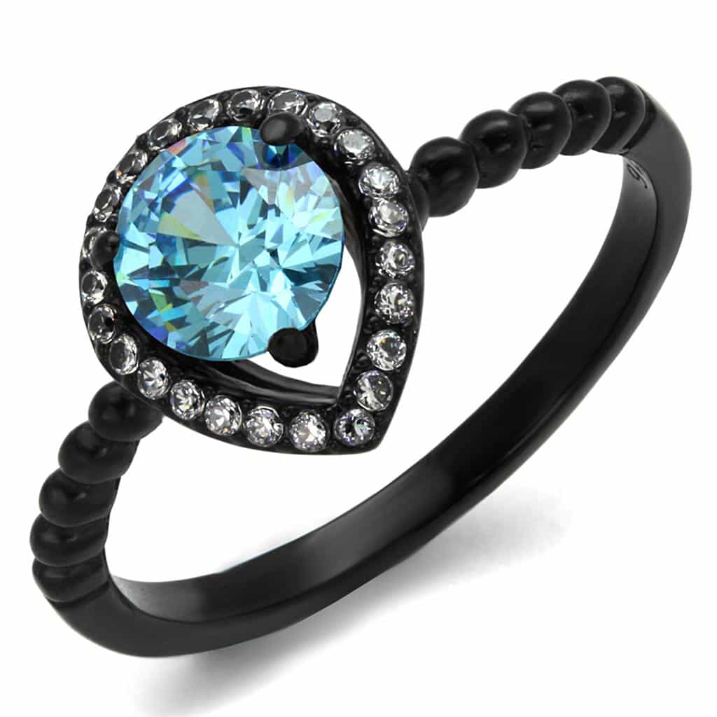 Stainless Steel Black IP Aqua Blue CZ Pear Halo Bead Shank Ring view 1